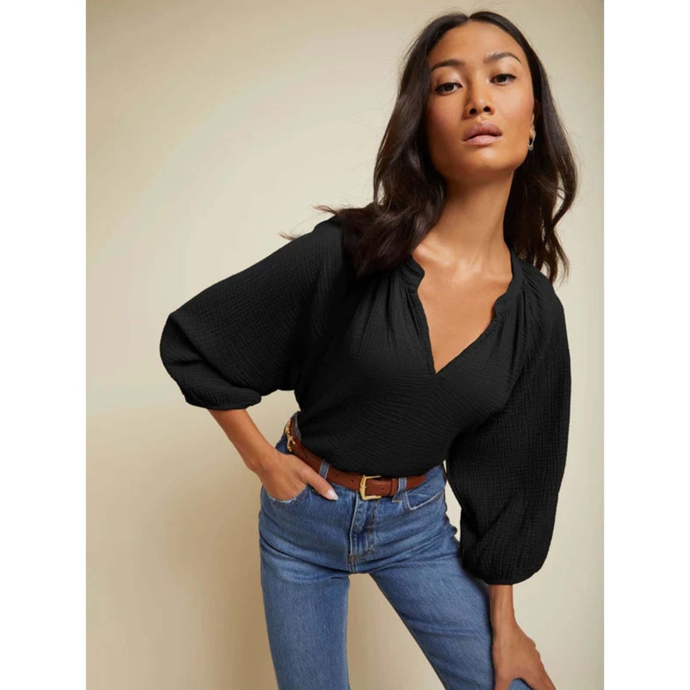 Nation LTD Womens Mimi Blouse Size Small Black Gauze Cotton Balloon Sleeve
